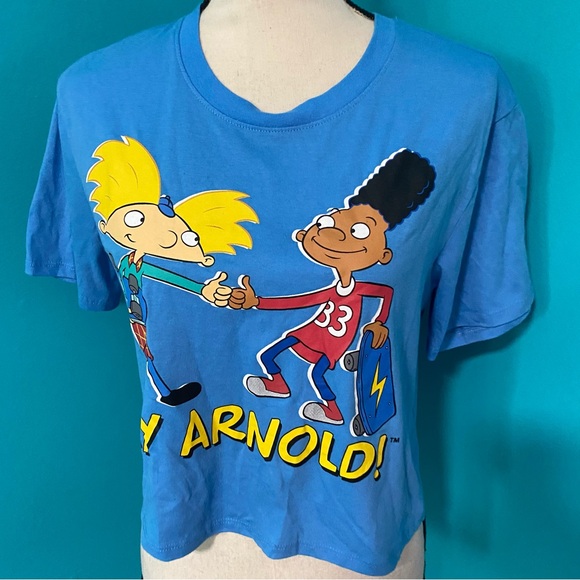 Nickelodeon Hey Arnold M Blue Graphic Arnold Gerald Short Sleeve Crop Top Shirt - Picture 2 of 5